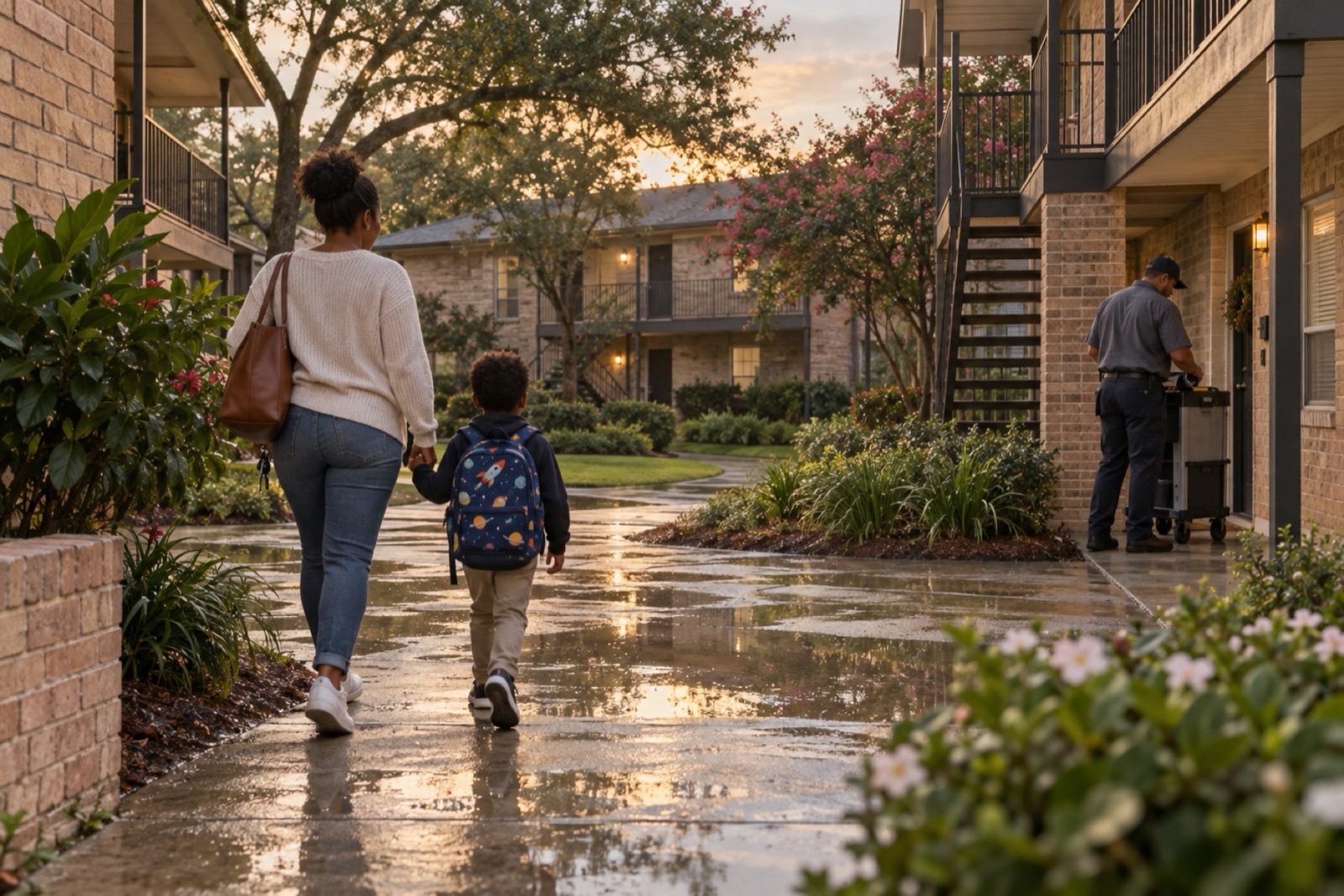 A resident family returning home while maintenance work is completed